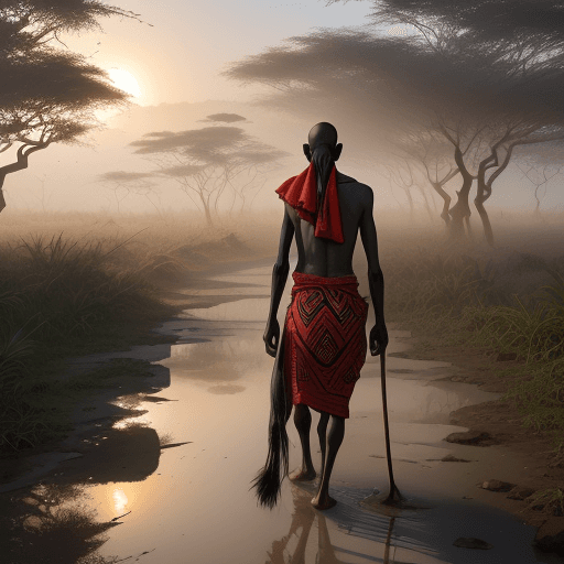 AI generated: Hyper realistic eye level view of a Masai walking on a pathway in the African jungle, a foggy mornin...