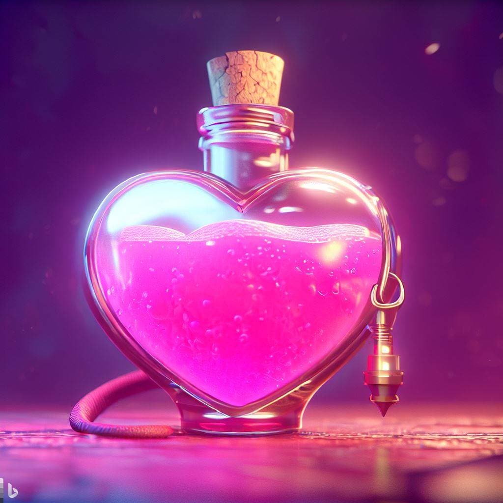 AI generated: love potion in a heart-shaped flask, old apothecary, fantasy, videogame asset, artstation, magic, 8k...