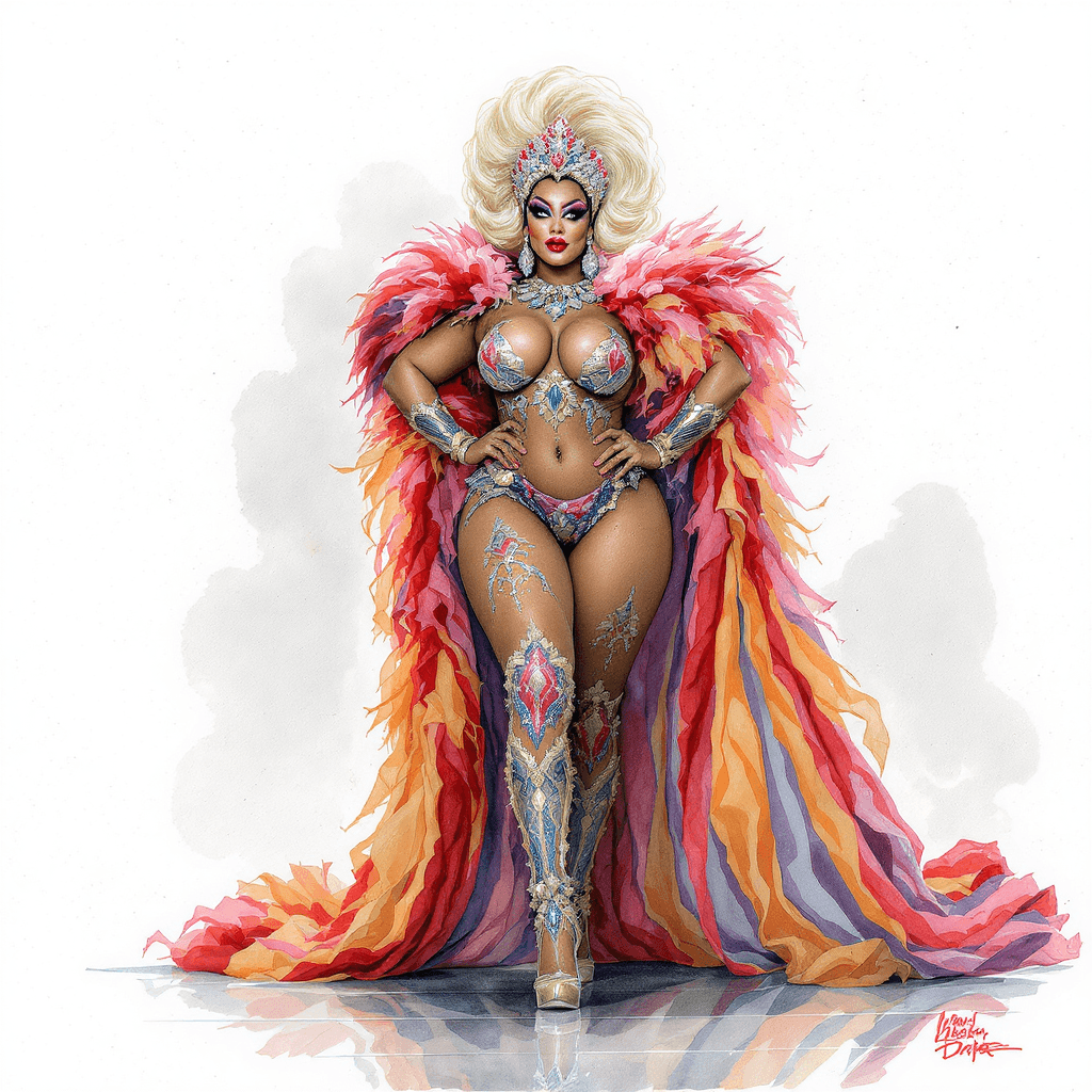 AI generated: A stunning watercolor painting of a melanated drag queen standing tall, confident and commanding on ...
