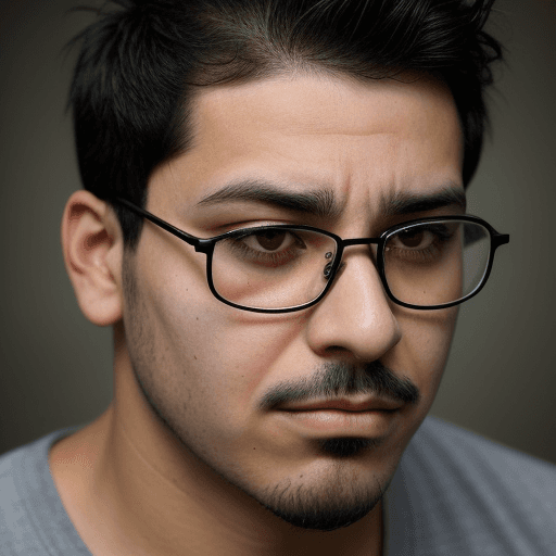 AI generated: solo, looking at viewer, short black hair, 1boy, male focus, glasses, facial hair, frown, scar, spik...