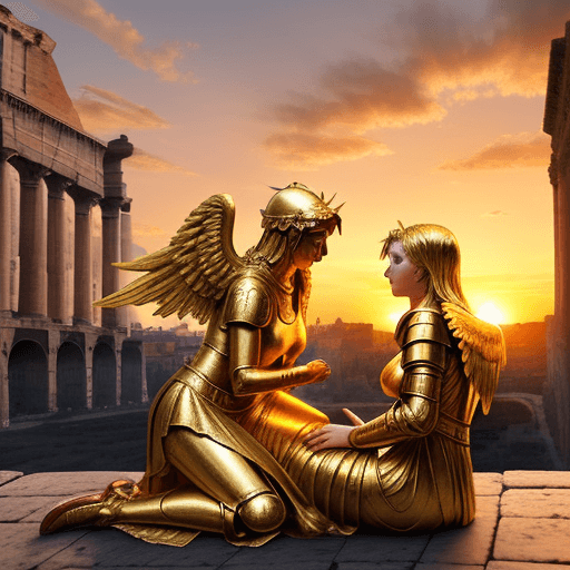 AI generated: An angel with golden armor and fiery wings, in ancient Rome, comforting a grieving widow in the mark...