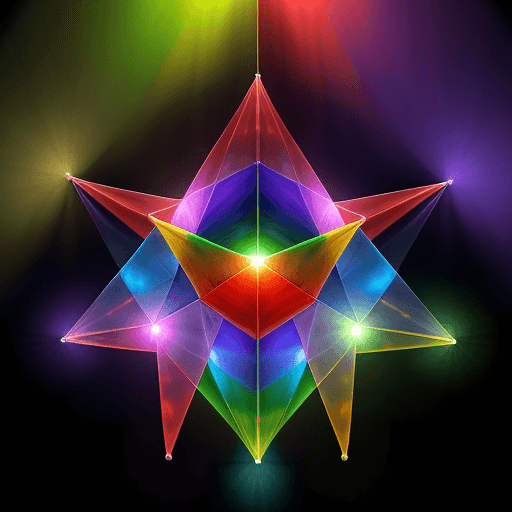 AI generated: light magic manifested through 5 unique flying prisms: blue, red, yellow, green and purple