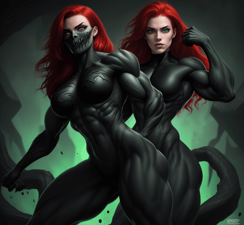 AI generated: 1 young beautiful bodybuilder woman with a wide strong jaw wearing a black monster symbiote, red hai...