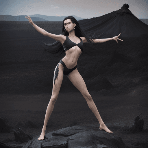 AI generated: In a barren, volcanic landscape, a fierce woman stands amidst jagged black rocks, her presence both ...
