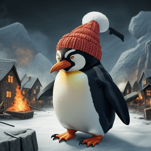 AI generated: penguin, spits fire, giant, destroying village, zylinder on hat, very angry, beast