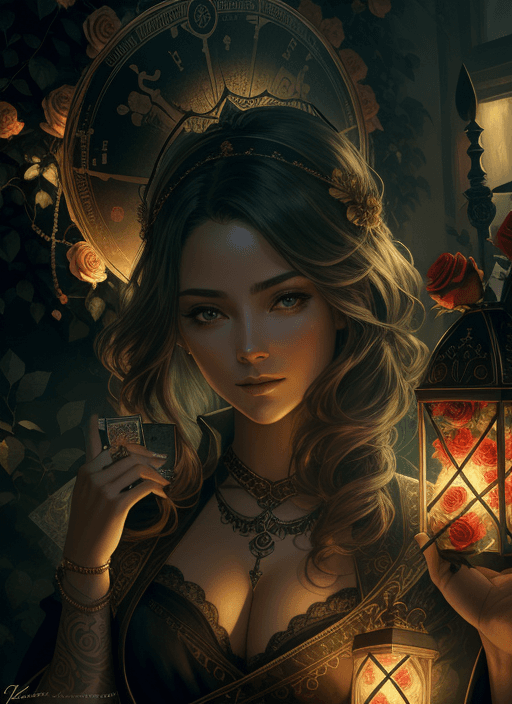 AI generated: Tarot card, Close up face shot of a beautiful woman looking at the camera, (((card title surrounded ...