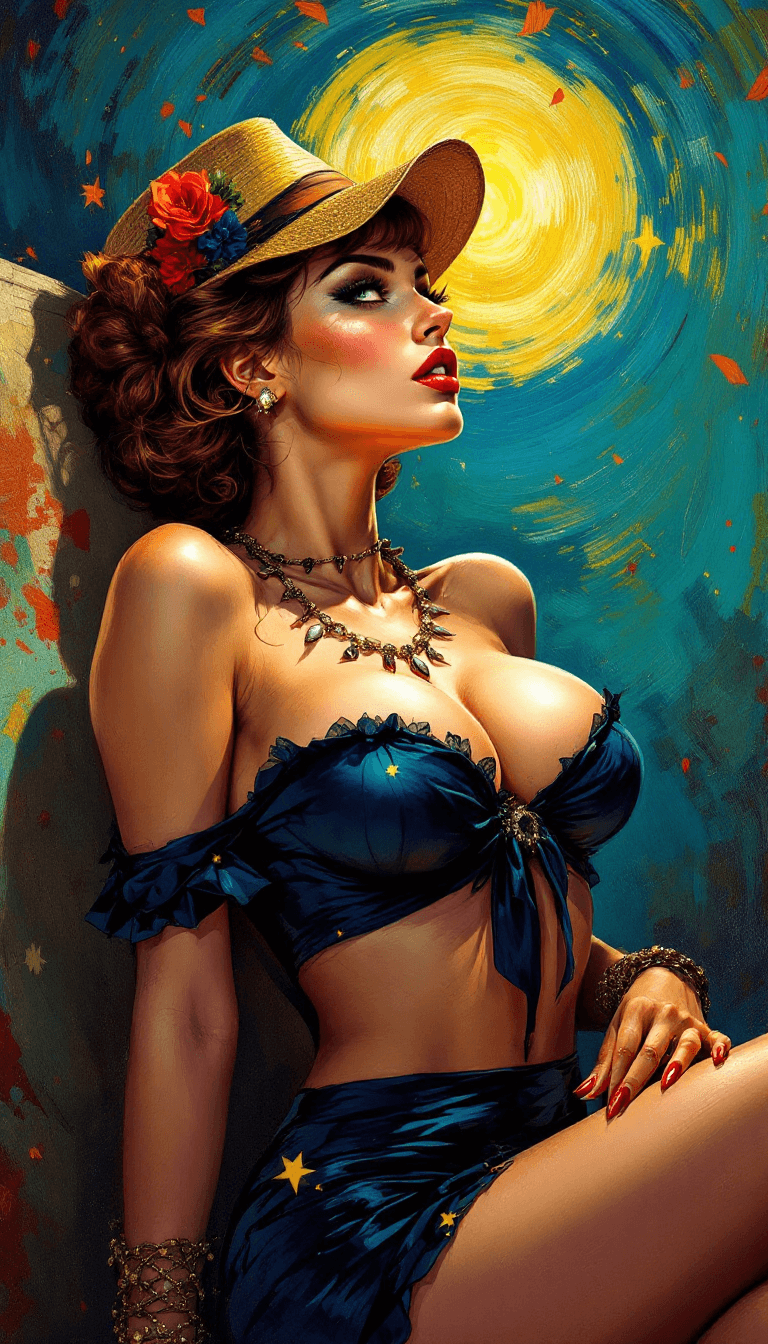 AI generated: A captivating depiction of a pin-up woman, inspired by the artistic style of Vincent Van Gogh. Rende...