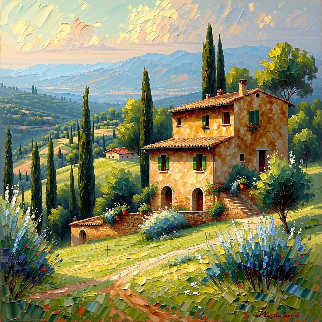 AI generated: impressionist painting on canvas of Tuscany, beautiful landscape with Tuscan farmhouse, in the style...