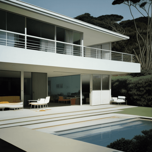 AI generated: Hyper realistic eye level exterior photo of a mid century modern style house overlooking the ocean, ...