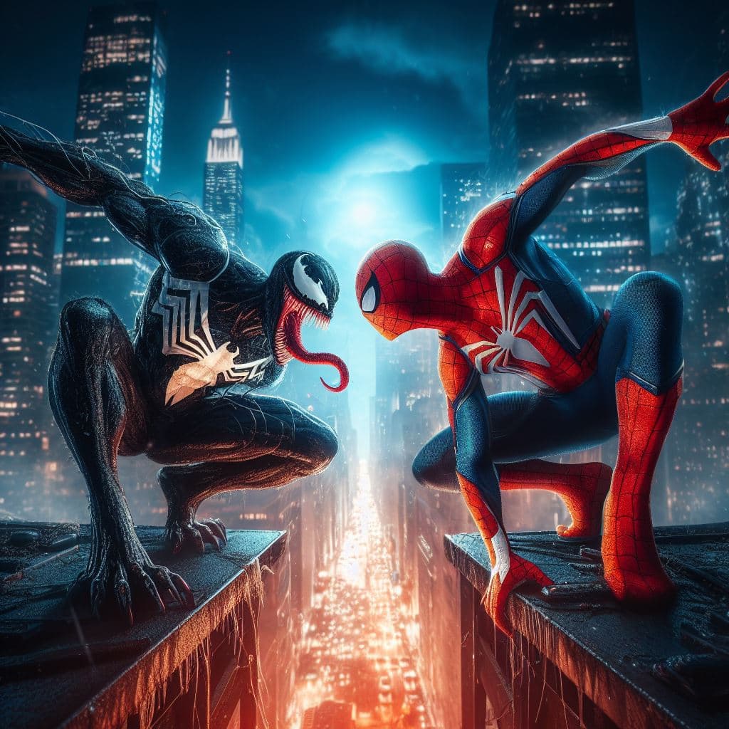 AI generated: spiderman vs venom,very epic,photorealism, beautiful, shiny,dynamic lights 