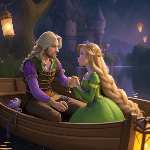 AI generated: High resolution photography of Rapunzel from tangled wearing purple dress with Eugene wearing green ...