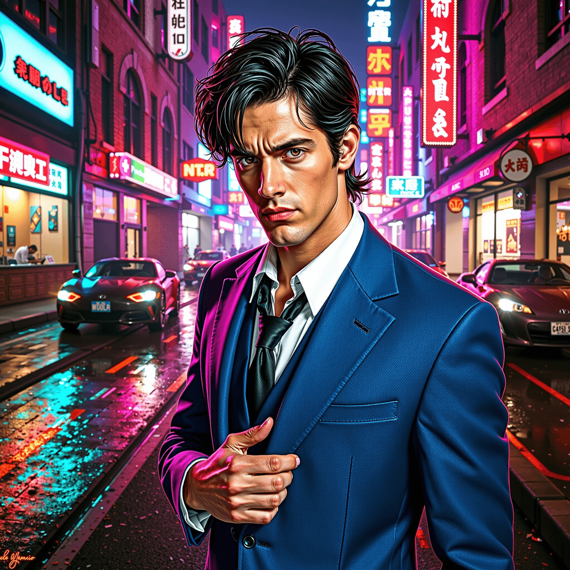 AI generated: An ultra-realistic photo of a man embodying Spike Spiegel, standing in a neon-lit futuristic city al...