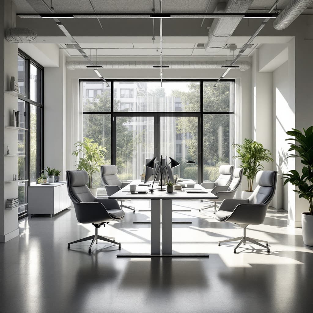 AI generated: hyper-realistic, high resolution interior photography, spacious office with frontal view, Herman Mil...