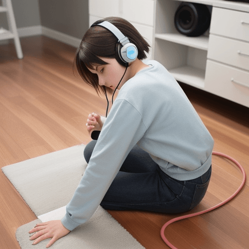 AI generated: a girl using headphone while sweeping the floor