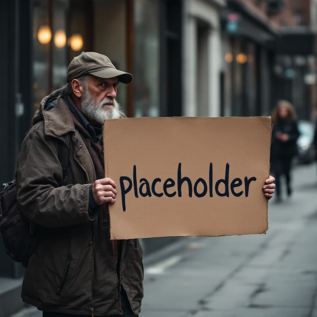 AI generated: A beggar on the Streets holding a sign that says "placeholder" 
