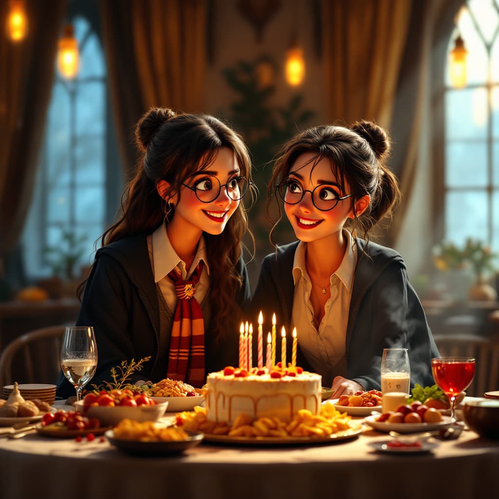 AI generated: cartoon two woman celebrating birthday over a big table with a lot of food, a feast and cake. and th...