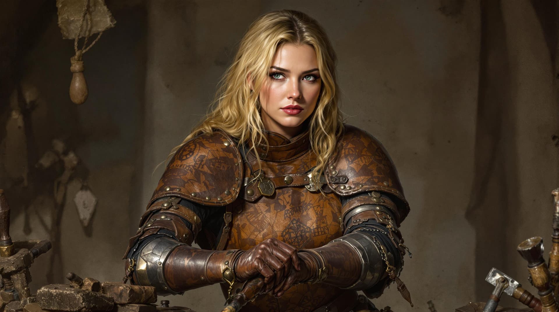 AI generated: female human, stamped leather armor with leather working tools, strong, blonde, 25 years old, dnd, m...