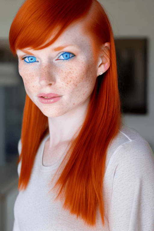 AI generated: ginger haired young attractive woman with blue eyes & freckled skin. short ponytail hair with a side...