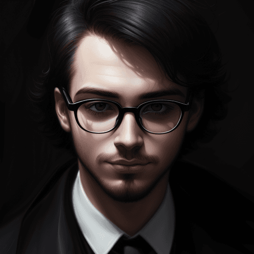 AI generated: digital wallpaper portrait of an anonymous, baby men face with black glasses, gloomy background, maj...