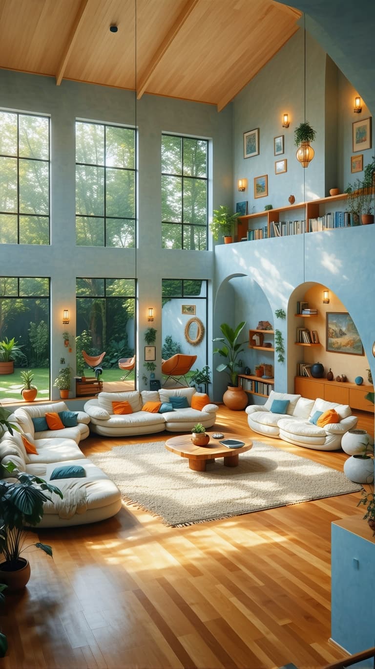AI generated: High resolution photography interior design, dreamy sunken living room conversation pit, wooden floo...