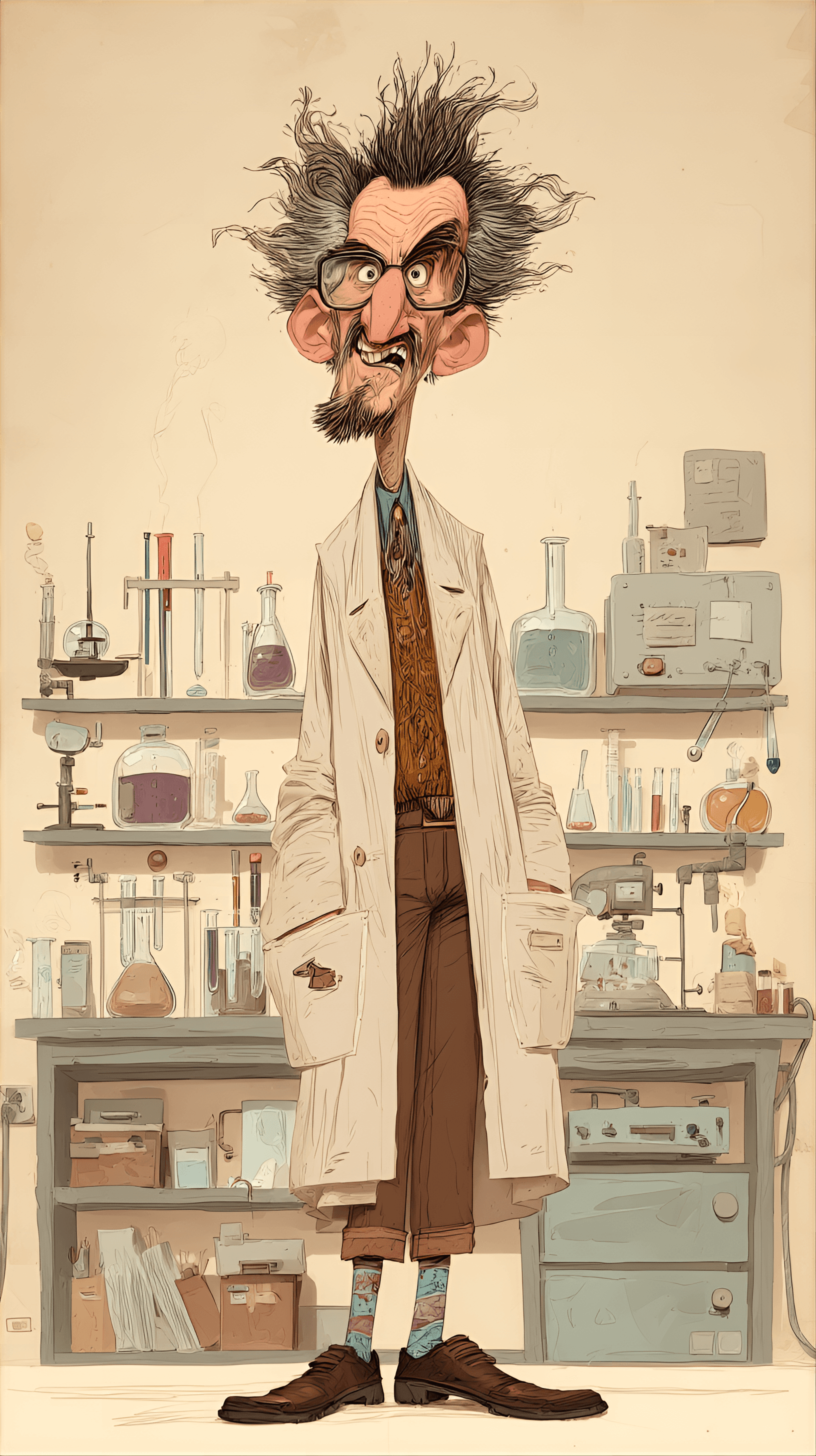 AI generated: funny caricature, quirky scientist character, 60 years old, eccentric, disheveled, brilliant, exagge...