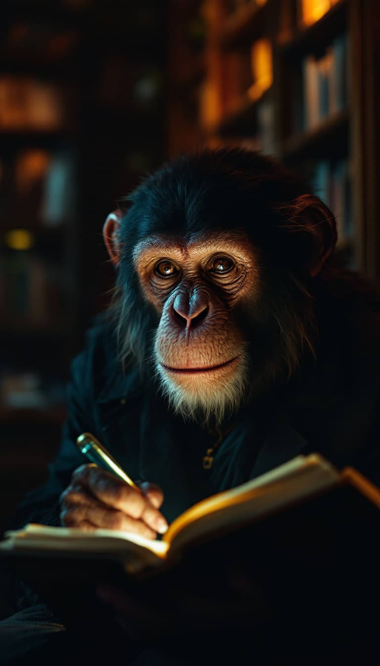 AI generated: big close up potrait,monkey zodiac cyberpunk studying in library,
 evening, hyper realistic, 4k, fas...