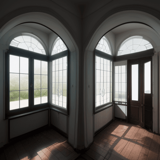 AI generated: High resolution photography, dreamy sunken house, two floors, two doors in first floor, two windows ...