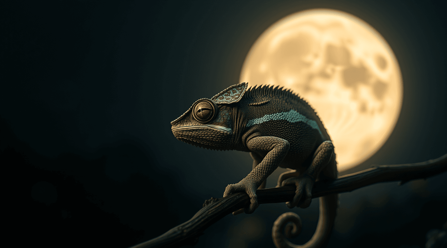 AI generated: RAW photo of a hyper realistic and detailed chameleon perched on a branch, watchig the full moon