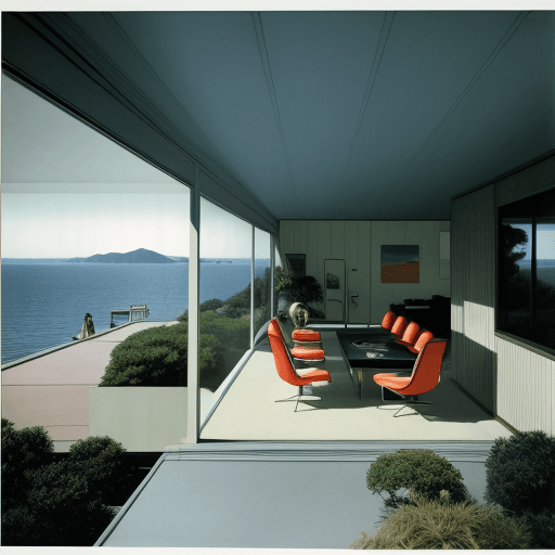AI generated: Hyper realistic eye level exterior photo of a mid century modern style house overlooking the ocean, ...