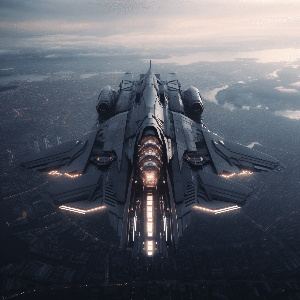 AI generated: Sci Fi symmetrical spacefighter landing on the promontory of tall building, bright city lights, view...