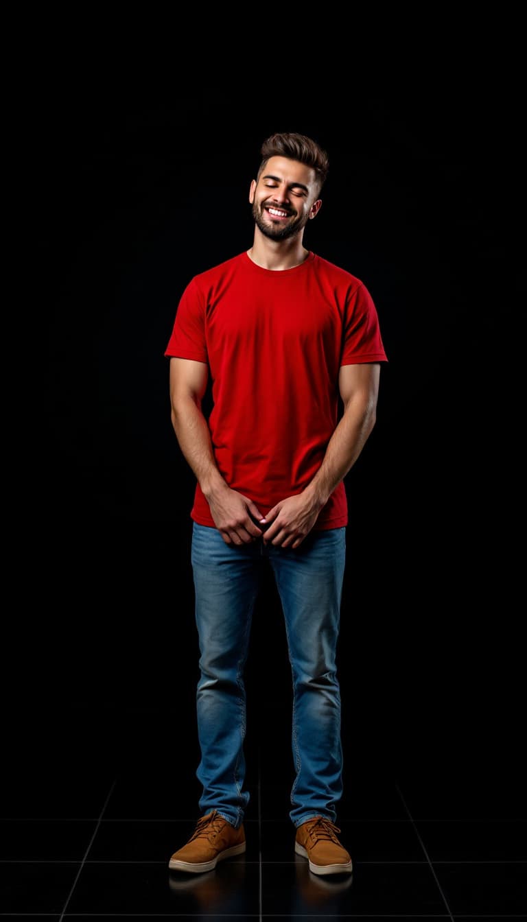 AI generated: photograph of a handsome, happy caucasian man, head tilted down, standing with his hands resting on ...