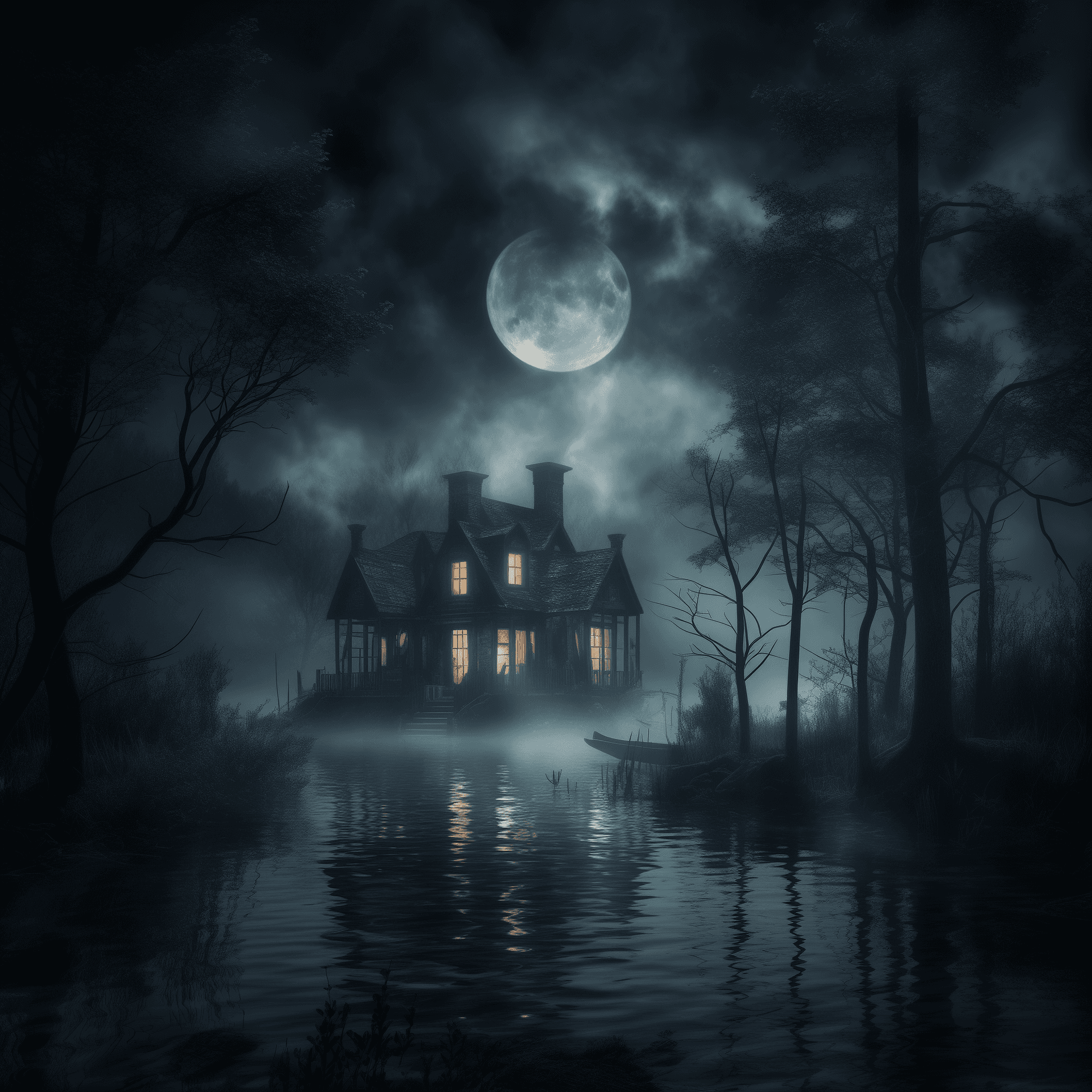 AI generated: an isolated haunted house in the smallest isle in the night lake with a forest around, the light of ...