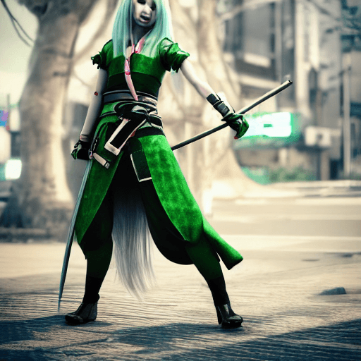 AI generated: fullbody photoshoot of samurai girl with snow white hair, unmasked, cyberpunk, outdoor, street, gree...