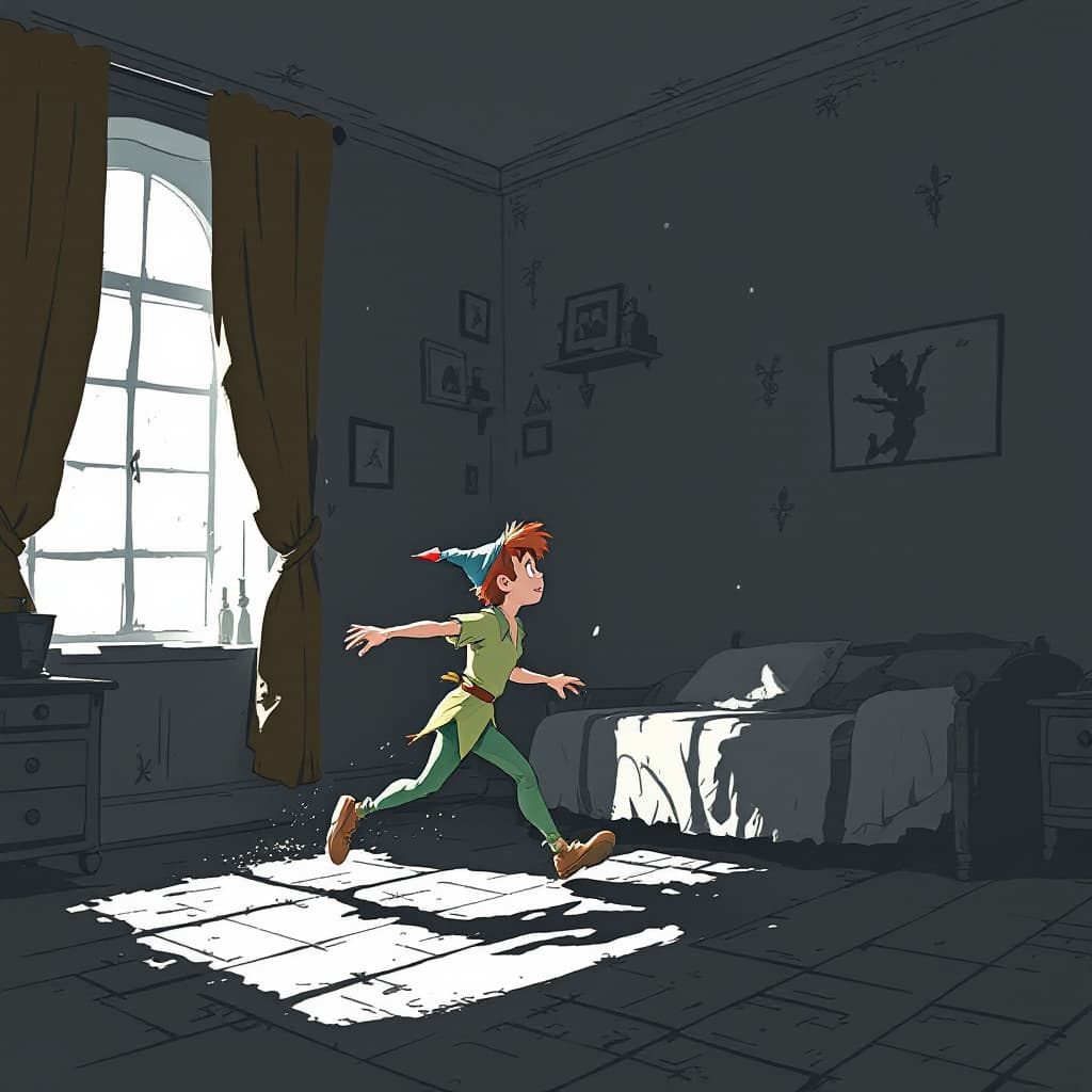 AI generated: peter pan chasing his shadow  in wendy's room.

