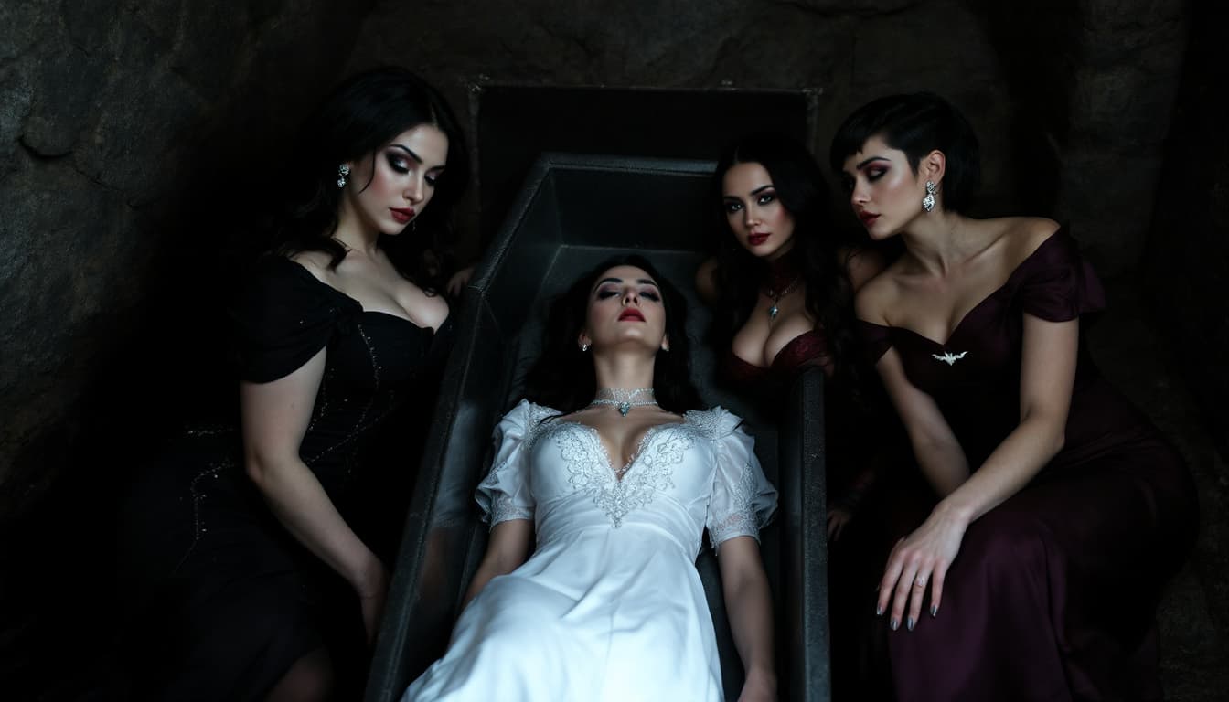 AI generated: The image depicts a haunting scene of four women in a crypt, with one lying in a coffin and the othe...