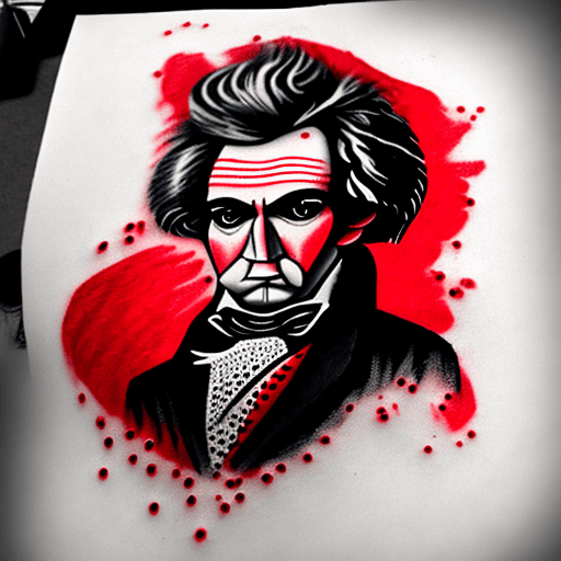 AI generated: Realistic trash polka style chest tattoo sketch of Ludwig Van Beethoven, red and black mdjrny-v4 sty...