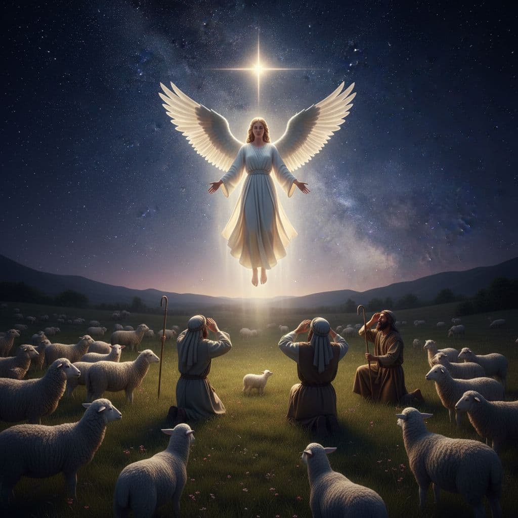 AI generated: Angel announcing Jesus' birth to shepherds in the field, glowing heavenly light, sheep surrounding t...