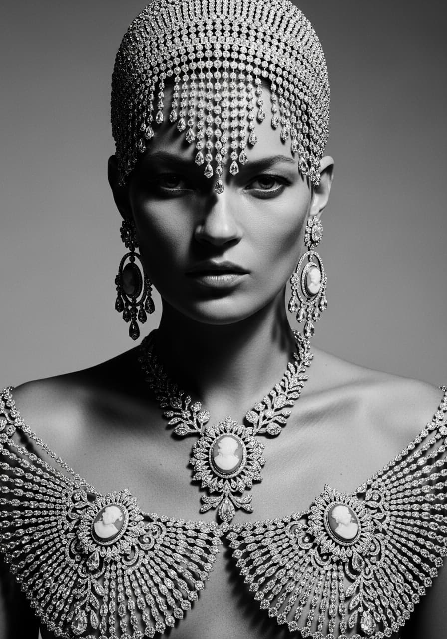 AI generated: Kate Moss is presented in a head-and-shoulders portrait, facing directly into the camera with an int...
