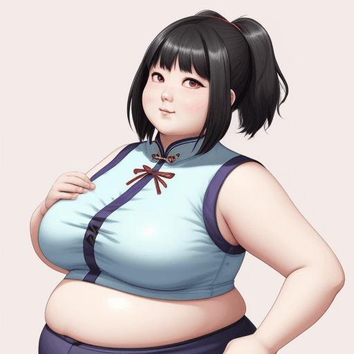 AI generated: Chinese Anime-like girl with fat body, huge belly hanging out, fatter triple chin face