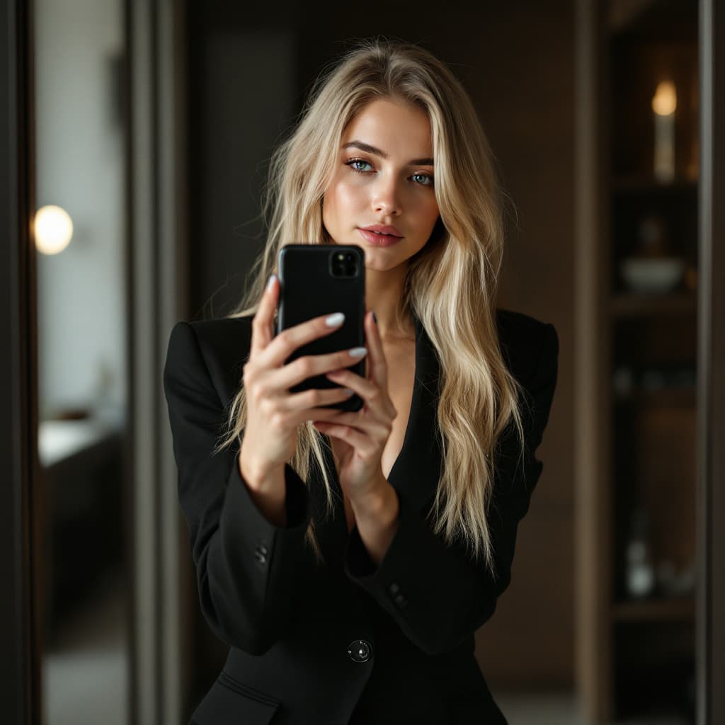 AI generated: the girl takes a photo with her phone of herself in the mirror, she has 24 years old, has straight b...