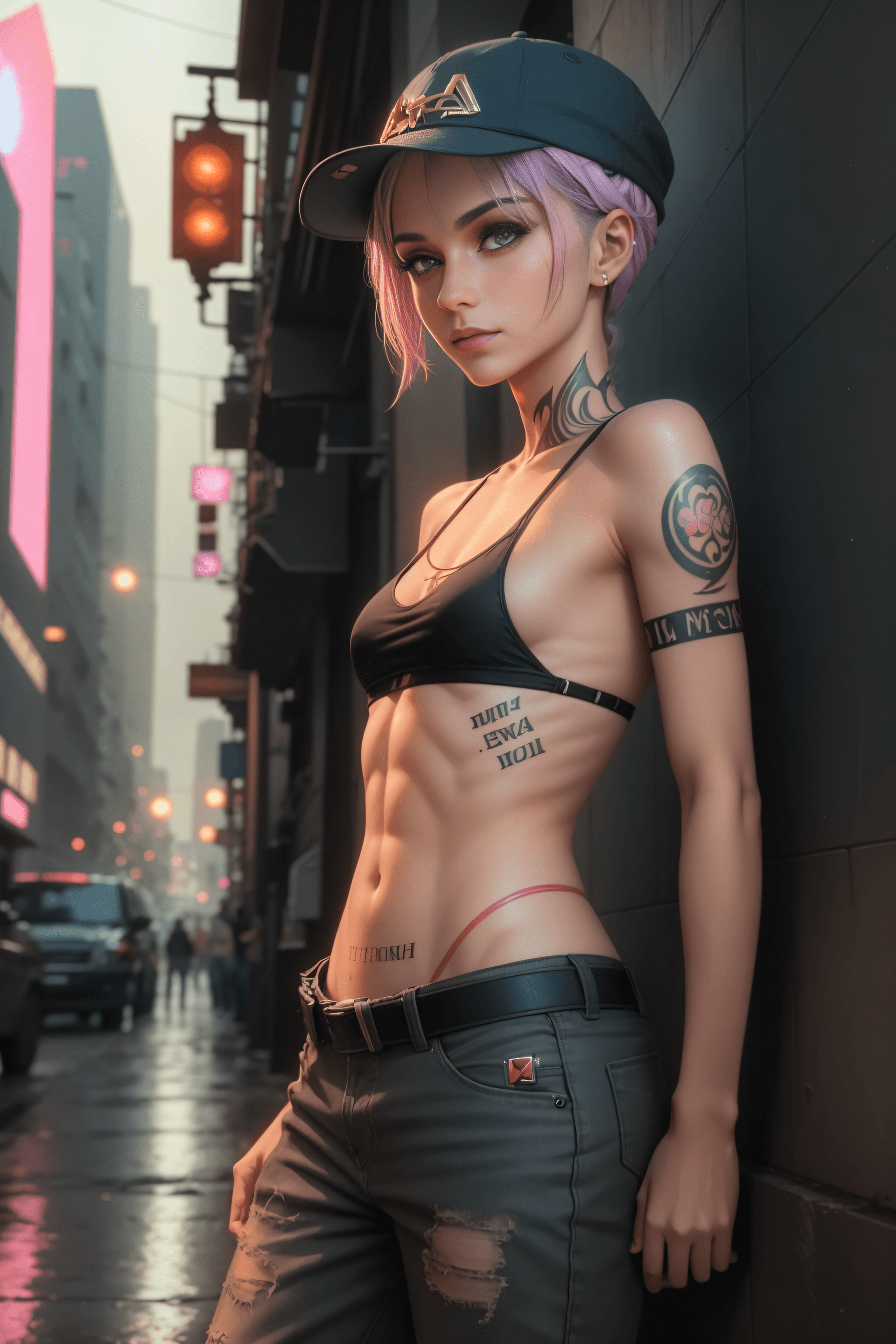 AI generated: photograph, Young, very thin, fighter, tattooed, very beautiful, with deep-blue short hair, with bla...
