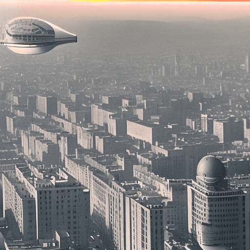 AI generated: 35mm photo of a huge art-deco style city, zeppelin flying in the air, aerial shot, beautiful photo, ...