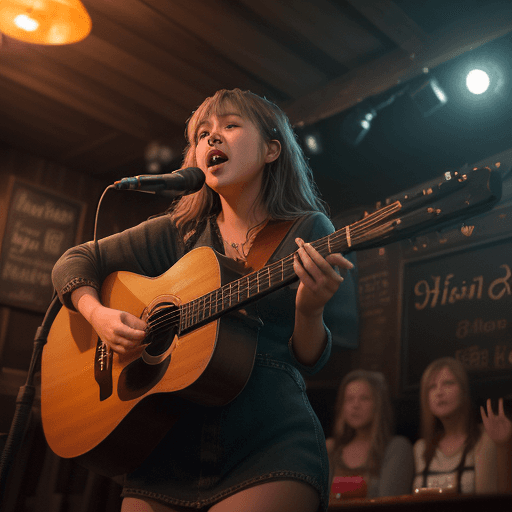 AI generated: In a cozy pub, a talented female singer - songwriter takes the stage, pouring her heart into heartfe...