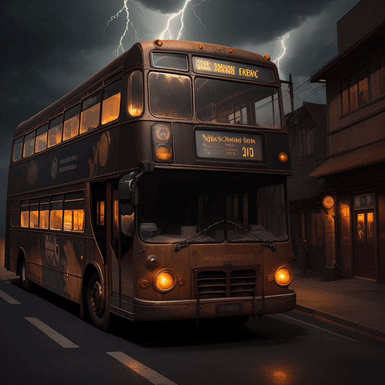 AI generated: far away view a bus parked in the street, angled, lightning night, mysterious, hyperrealism, steampu...