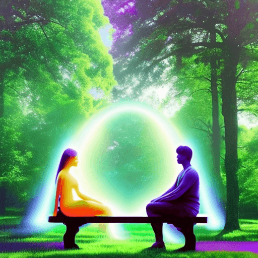 AI generated: color photo of a pair of ethereal auras, radiating love and connection, seated on a bench in front o...