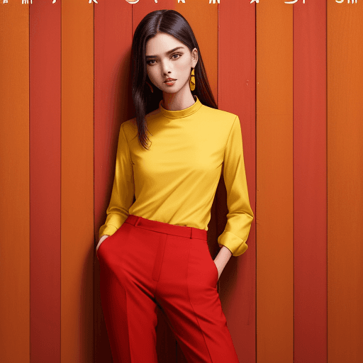 AI generated: fashion cover, front view, upper-body, woman model,  wooden  wall, red 
suit, yellow shirt, yellow p...