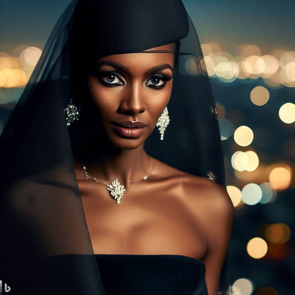 AI generated: Nadav Kander, Annie Liebovitz, fashion elegant portrait, beautiful widow, a black veil, with golden ...