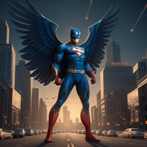 AI generated: superhero from America, handsome, perfect body, perfect face, wings like a bird, hd, 4k, 8k, vintage...