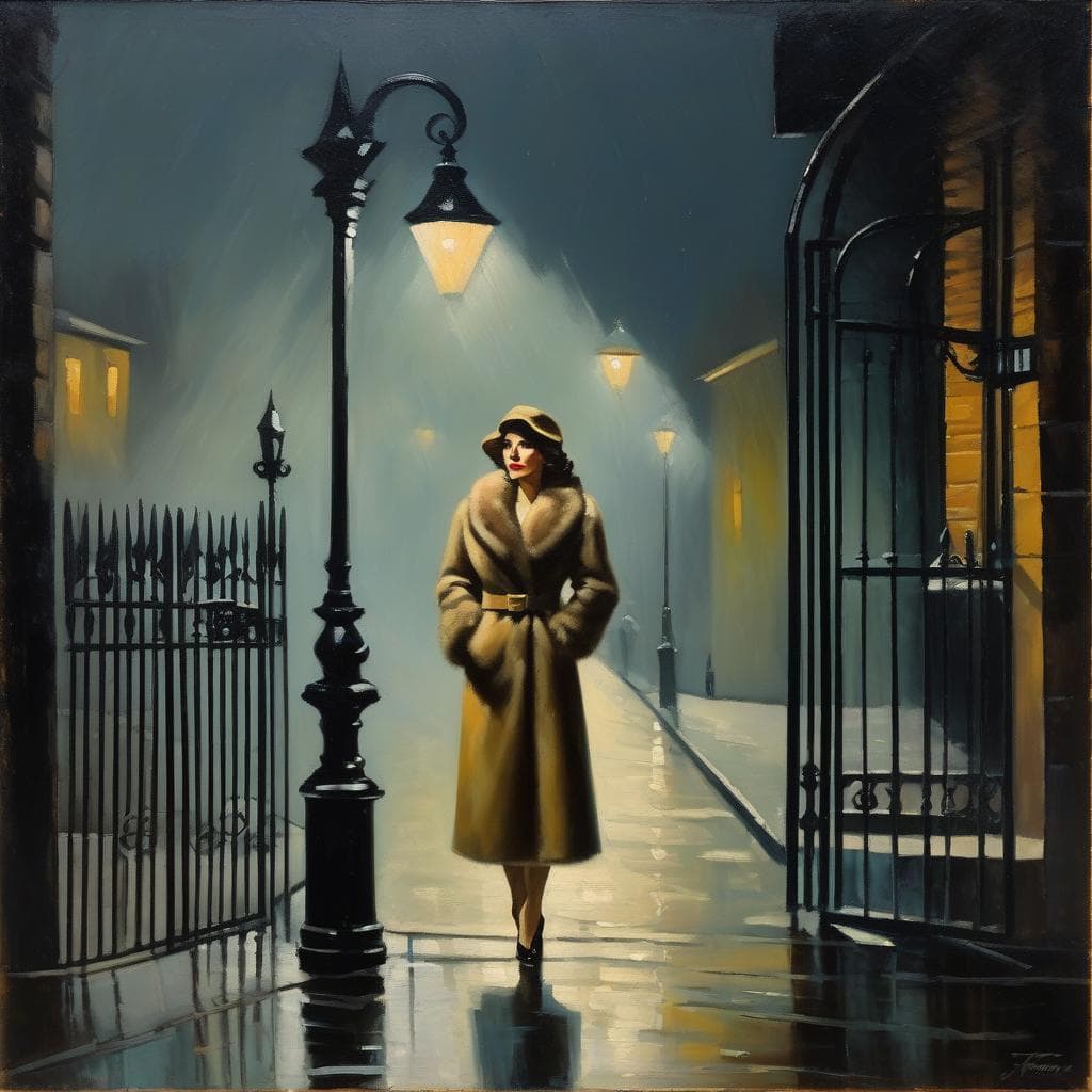 AI generated: A lady wrapped in furs stands under the street lamp, in the style of Goya and Beksinski, oil paintin...