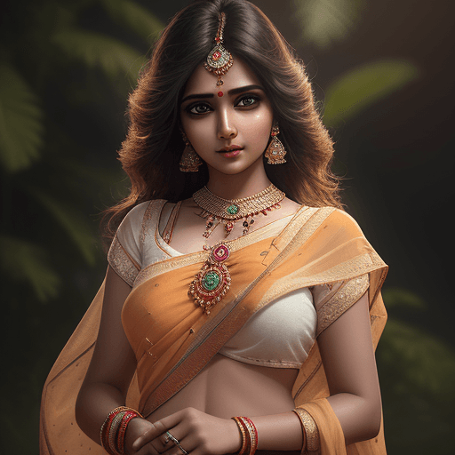 AI generated: very beautiful indian girl in bright saree, white short blouse, charismatic personality, professiona...
